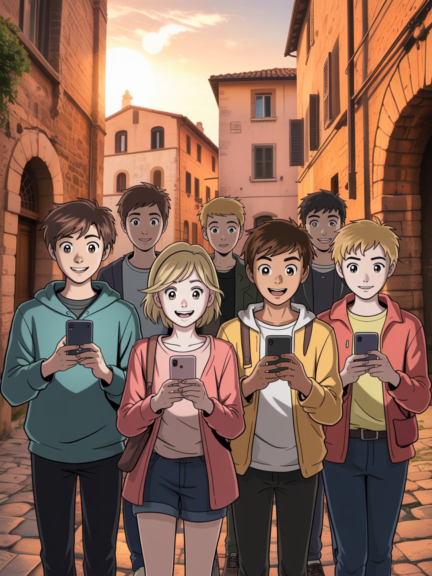 Studenti nel borgo — illustrazione manga